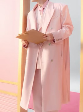 ROKKIHU 明星同款高定浅粉色宽松垫肩长款休闲西服大衣
