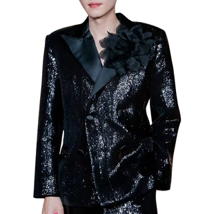 明星同款 饰年会走秀款 黑色亮片西装 花朵装 西服 外套男士 ROKKIHU