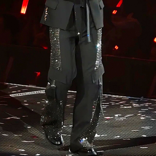 显瘦神裤 ROKKIHU 男高街多口袋夏季 长裤 机能风烫钻演唱会黑色工装