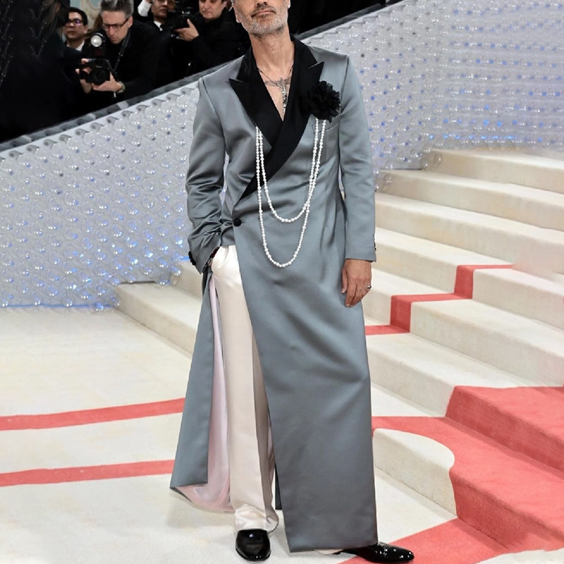 rokkihu缎面长款礼服大衣男图片