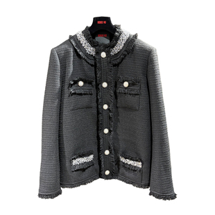 小香風粗花呢短外套男2025新款 珍珠扣鉆飾毛邊上衣 法式 ROKKIHU