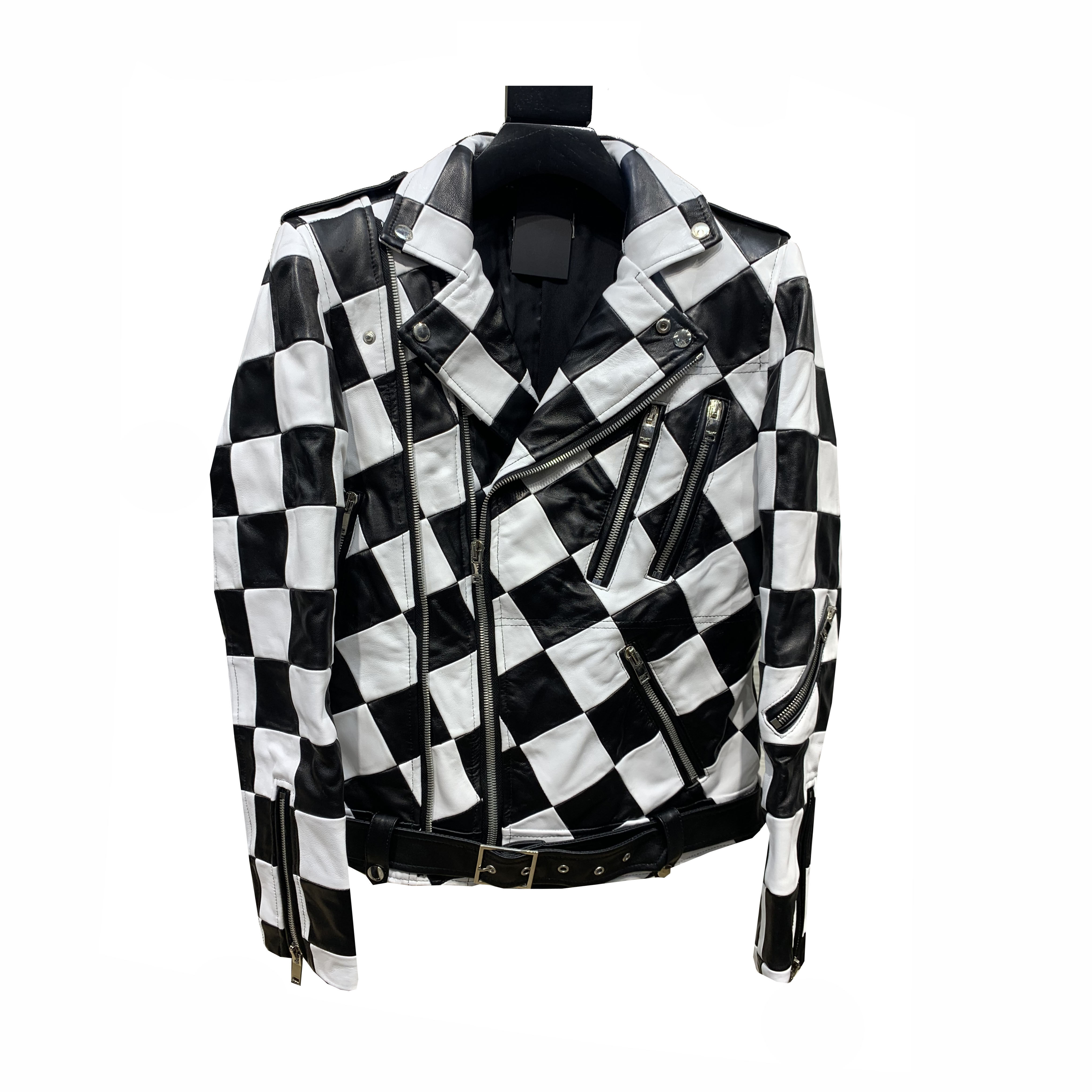 rokkihu 权志龙羊皮头层棋盘格羊皮纯皮皮衣