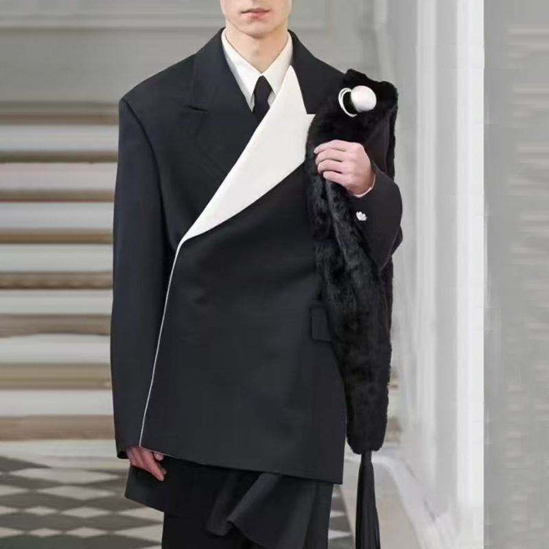 黑白撞色不对称痞帅男士西装