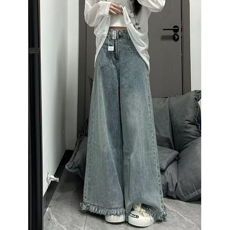高街流苏毛边阔腿牛仔裤女高腰宽松显瘦时尚潮流大裤脚拖地裤裙潮