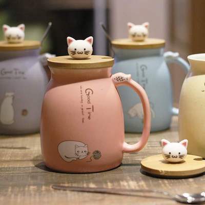 Lovely mug woman of cat ceramic cup with cover cup spoon