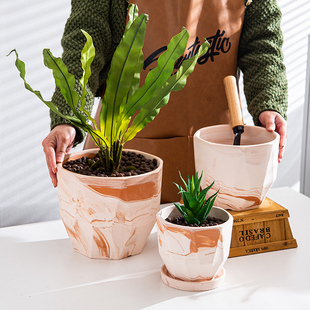 焦糖玛奇朵白陶土红陶透气花盆窑变色素烧简约田园多肉陶盆带托盘