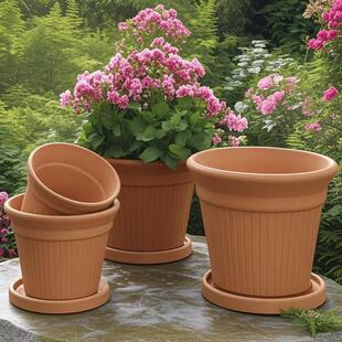 北欧风红陶花盆竖条纹简约透气花盆带托盘透气创意多肉植物盆栽