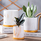 北欧ins风格 哑光陶瓷花盆简约直筒现代绿植花盆大理石纹艺术花盆