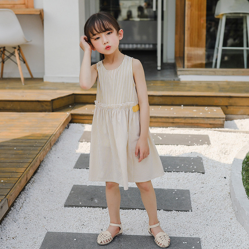 2022夏季韩版新款无袖女童连衣裙儿童竖条纹洋气背心裙女孩裙子潮