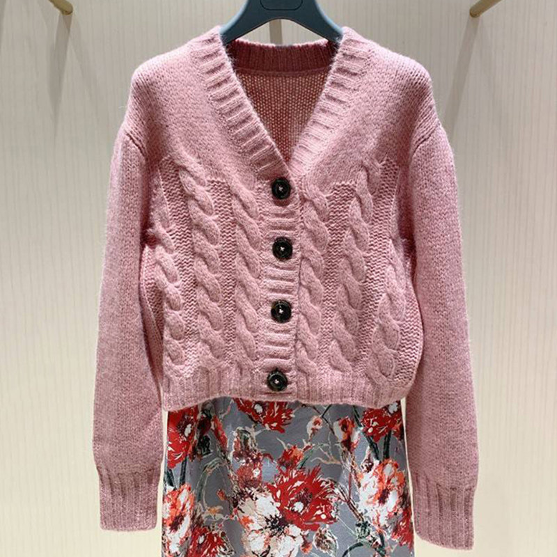 阿玛施旗舰店官网2020秋新款女装专柜正品单排扣针织开衫毛衣外套