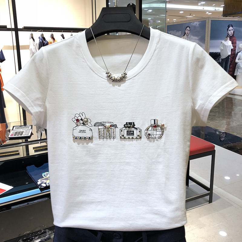 阿玛施旗舰店官网2020夏新款女装正品代购圆领钉珠修身短袖白t恤