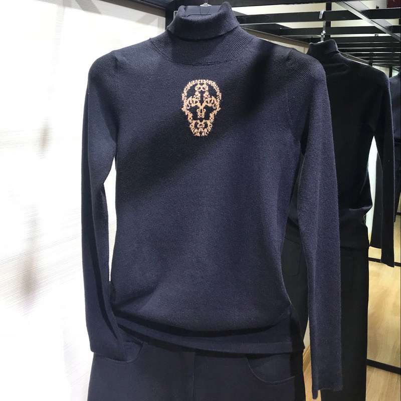 阿玛施旗舰店官网2020秋新款女装代购修身骷髅头高领针织衫毛衣