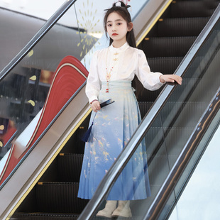中大女童新中式马面裙套装汉服长袖刺绣日常可穿中国风表演礼服裙