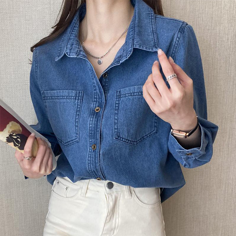 蓝色牛仔长袖外套衬衫女春季2026新款爆款高级感小衫气质上衣衬衣
