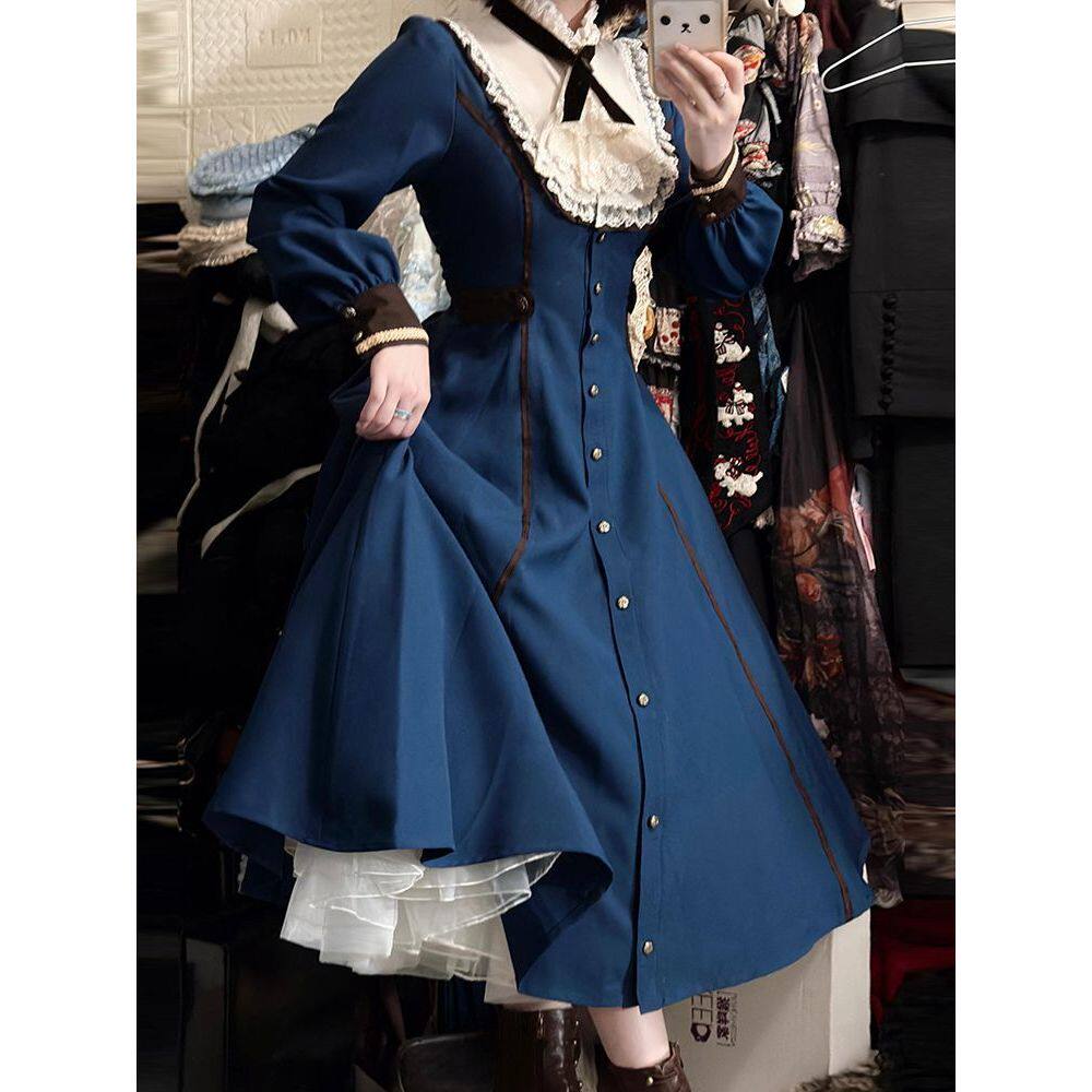 【绀蓝旧叙】Lolita复古单排扣显瘦长款优雅大小姐连衣裙lo裙