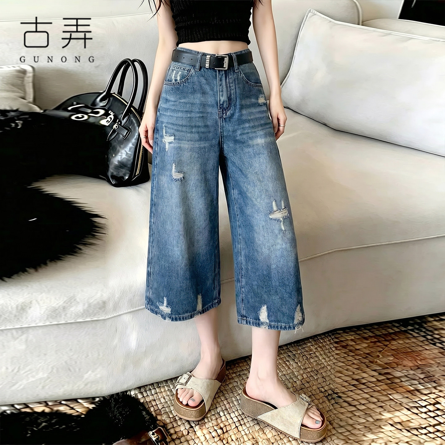 复古深蓝破洞牛仔八分阔腿裤女2026夏季直筒裤巨好看百搭的裤子潮