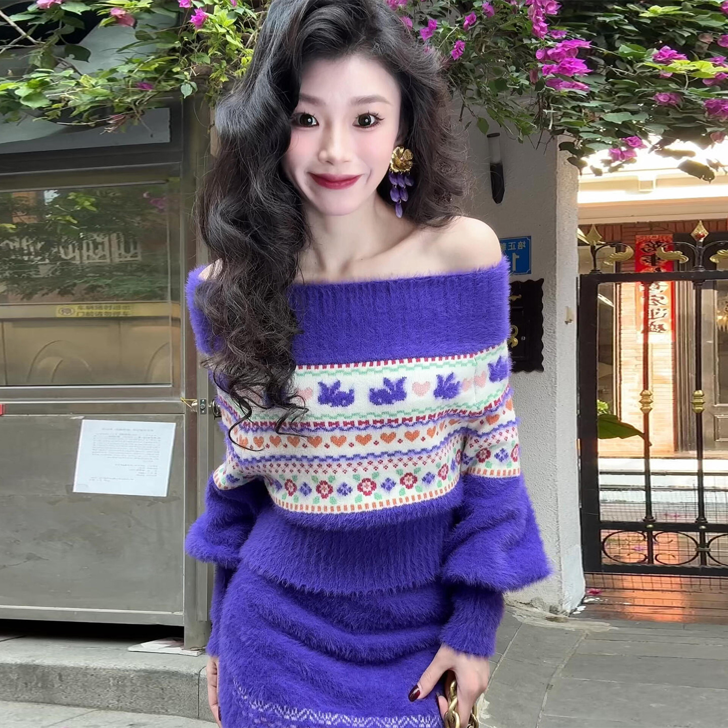 费尔岛一字肩毛衣套装连衣裙子女春季2026新款针织深春短裙一整套