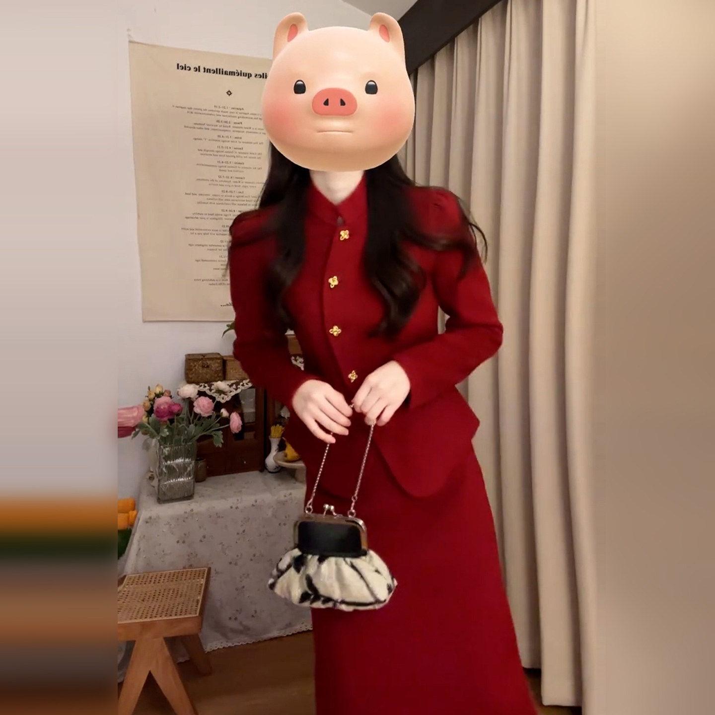 新中式国风红色毛呢连衣裙子女2026年新款新年穿搭一整套装