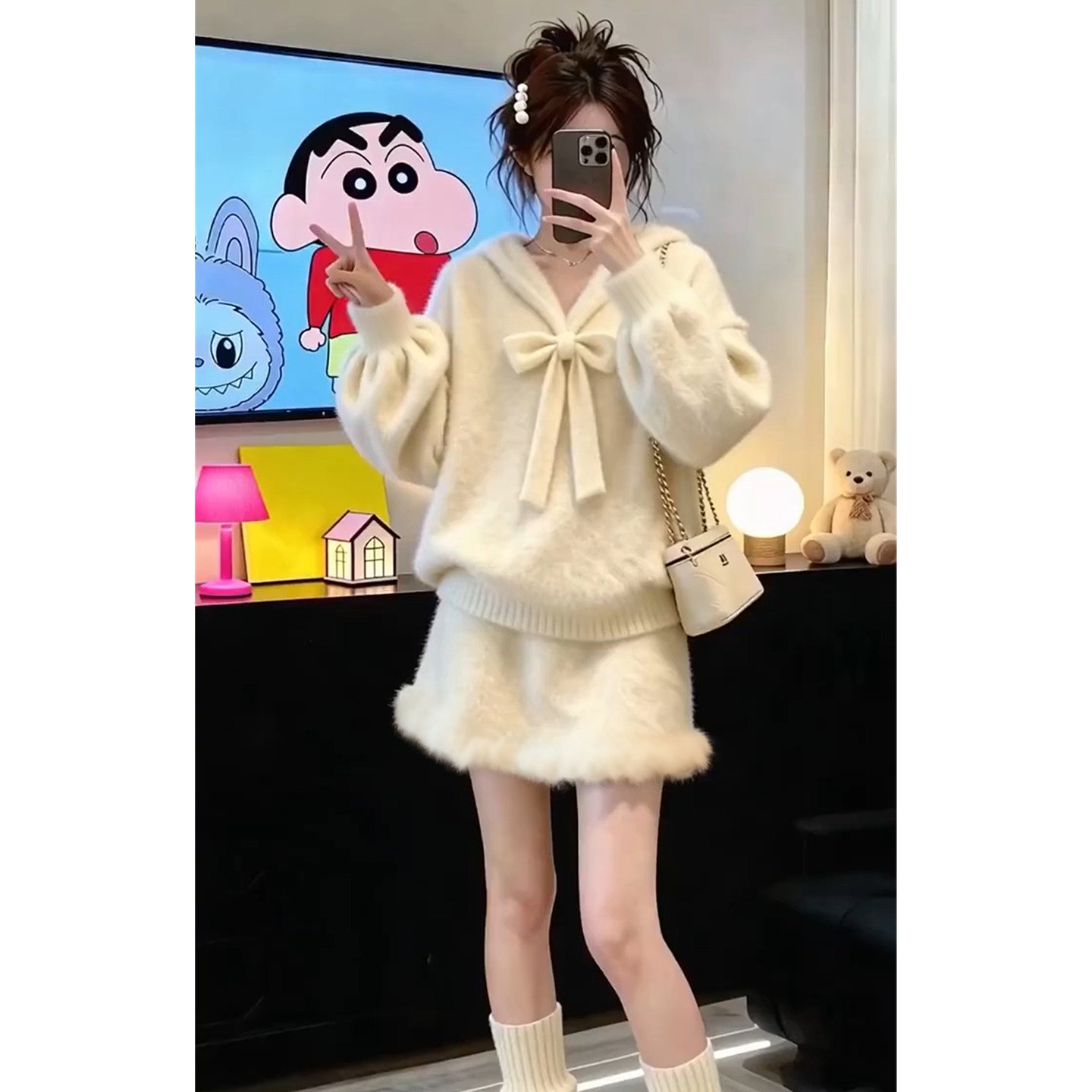 韩系巨好看穿搭一整套2026新款白色毛衣针织连衣裙女秋冬短裙套装