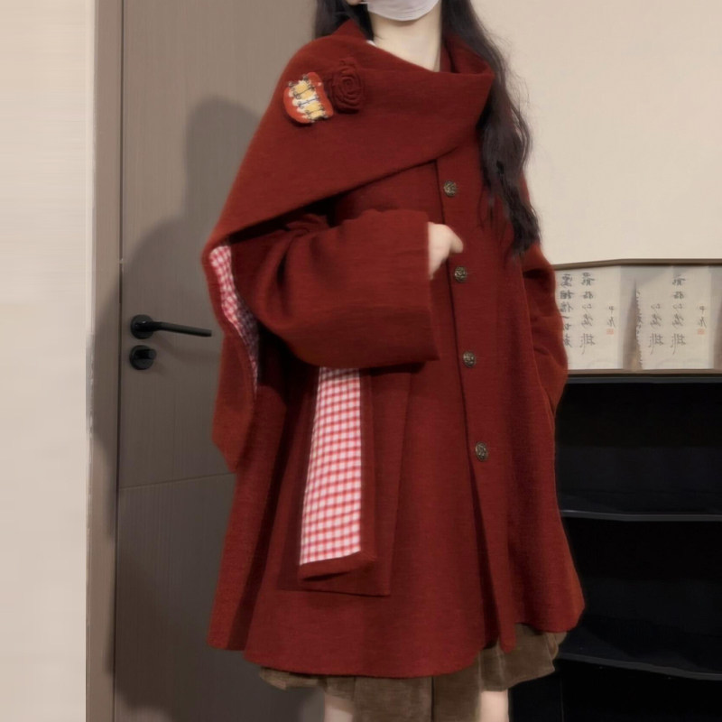 复古红色斗篷毛呢外套女秋冬2025新款韩系圣诞节宽松短款呢子大衣