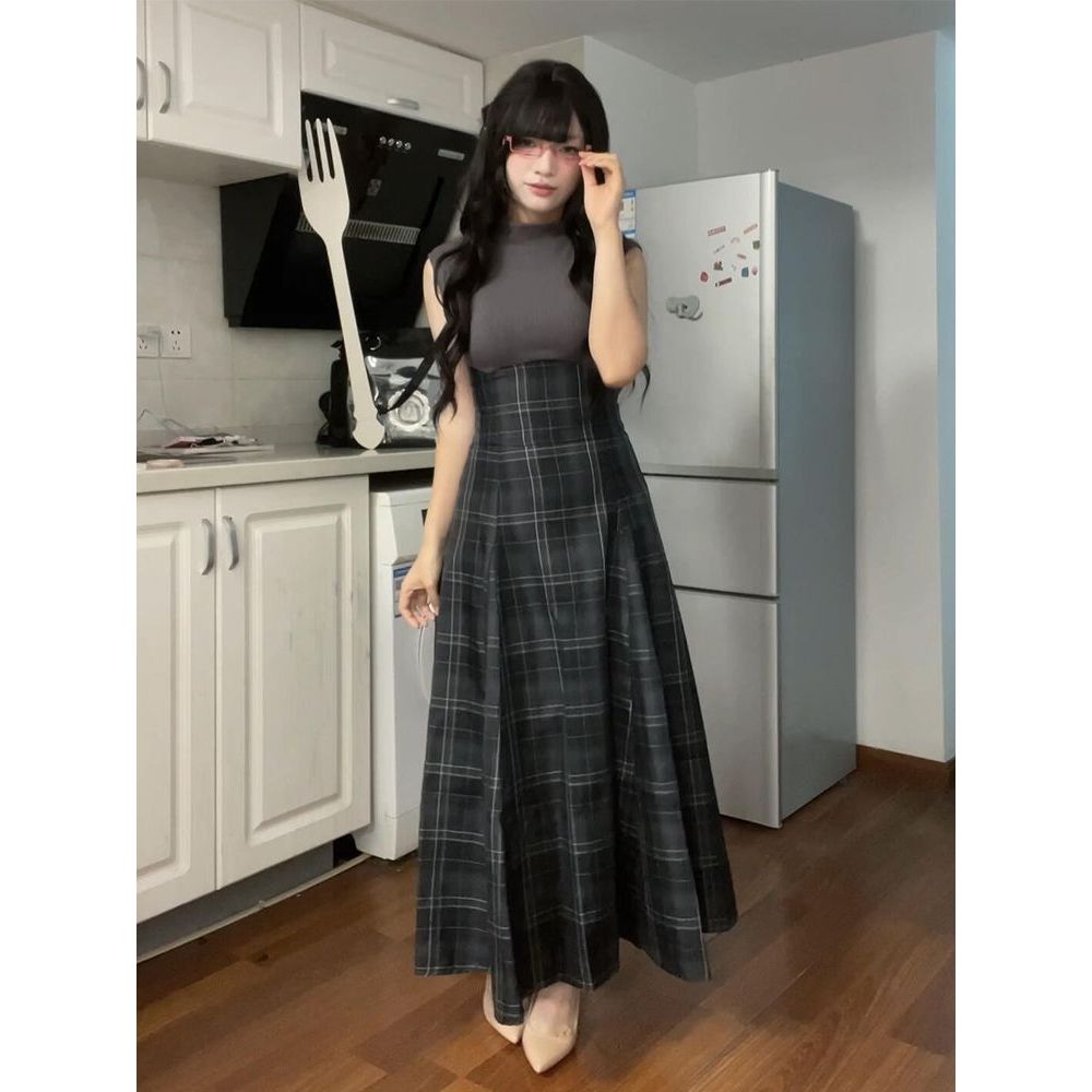 紫苏绵绵 气质温柔感日系少女感无袖立领假两件格纹拼接连衣长裙