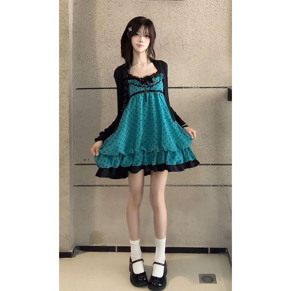 青莓 古早千禧穿搭层次感孔雀绿波点连衣裙夏季新款百搭开衫套装