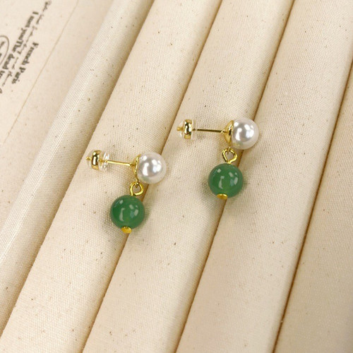 MONA张绮贤新中式国风复古气质绿色天然石珍珠耳钉耳针耳饰耳坠女
