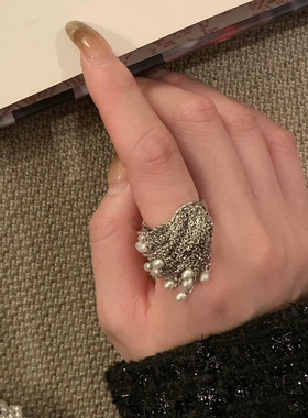 网红欧阳同款指间balletcore珍珠流苏开口戒指女可调节小众设计感