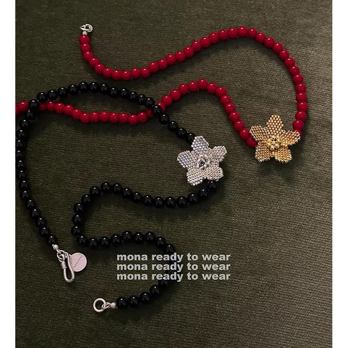 MONA花朵黑红色串珠项链小众配饰