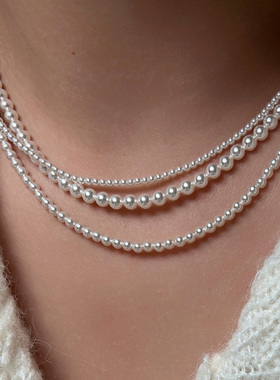 施家极细小米粒珍珠项链叠戴颈链