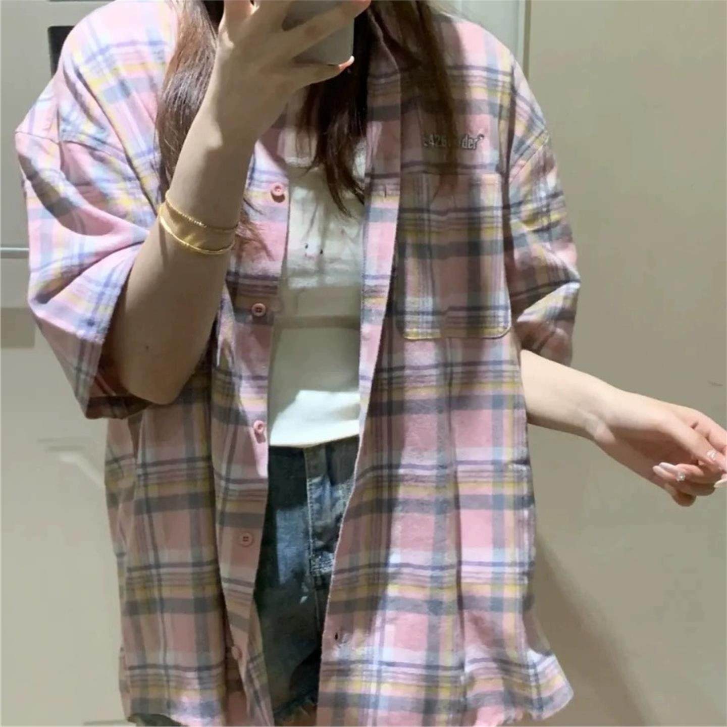 2026春秋新款美式复古粉色格子衬衫女高级设计感小众小个子休闲短,女装/女士精品,衬衫,淘宝优惠券,粉丝福利购,淘宝优惠卷