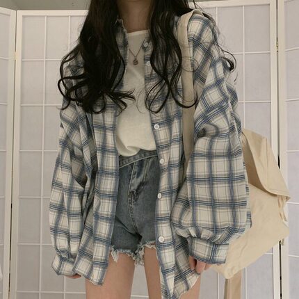 2026春秋新款格子衬衫女宽松韩版中长款复古港味百搭长袖防晒外套