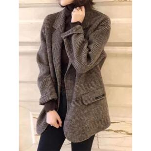 秋冬季新款流行新双面呢子大衣女英伦格子西装领薄休闲外套毛