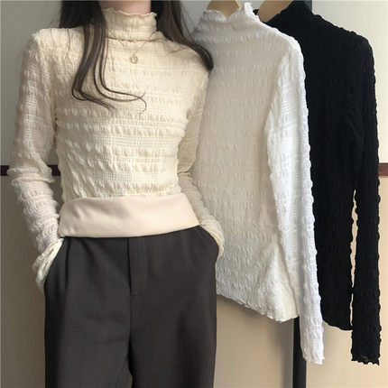 2025秋冬新款女装半高领加绒加厚长袖蕾丝打底衫修身内搭外穿上衣