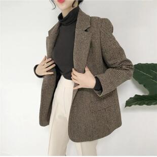 秋冬季新款千鸟格西装外套女韩国英伦风加厚格子复古短小个子