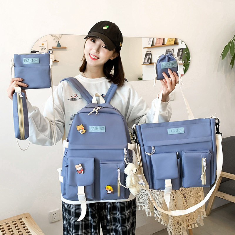 至诚女包 新款双肩包女大学生背包五件套韩版撞色帆布校园初中学