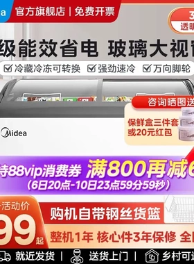 美的冰柜家用小冷柜商用雪糕柜玻璃展示柜冷藏冷冻保鲜柜卧式冰箱