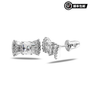 WIC 925银合成锆石耳饰糖果蝴蝶结T方锆雷迪恩切工银饰耳钉