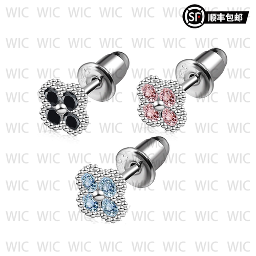 WIC 925银莫桑石彩钻四叶草耳钉ES264