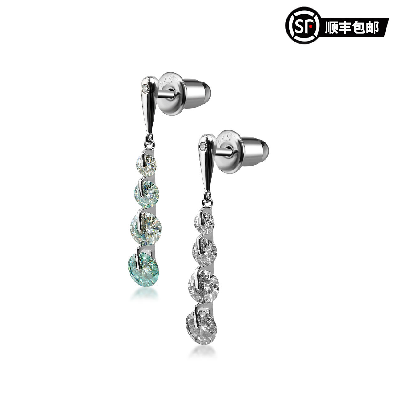WIC 925银莫桑连珠耳坠原色非均匀蓝绿莫桑钻耳钉耳坠