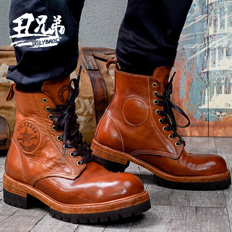 uglybros适用于哈雷摩托车骑行鞋靴子复古手工鞋固特异马皮防摔靴