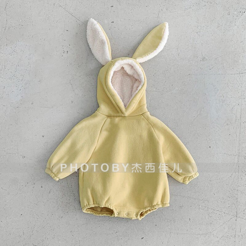 ins韩版男女宝宝冬季新款连身衣可爱兔耳朵抓绒卫衣连帽包屁爬服