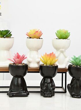 陶瓷多肉花盆亚光黑白盆栽小公仔室内阳台园艺摆件创意花盆