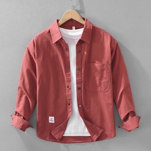 男春夏时尚 衬衫 百搭纯色按扣痞帅潮衬衣宽松休闲 长袖 日系复古个性
