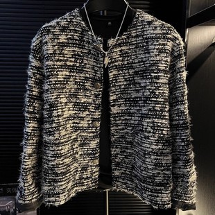 男模穿搭小香风垫肩外套男款韩系穿搭高级感痞帅夹克呢料无领上衣