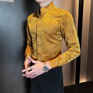 男长袖 国风印花衬衣男款 2025新款 男装 痞帅高级感新中式 立领花衬衫