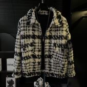 男生外套秋冬款 高级感痞帅小香风夹克短款 黑白格子帅气大衣设计感