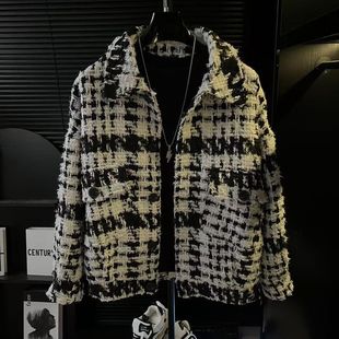 男生外套秋冬款高级感痞帅小香风夹克短款黑白格子帅气大衣设计感