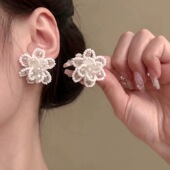超仙白色花朵珍珠耳环时尚 26度晚风 重工法式 潮流耳钉高级感耳饰