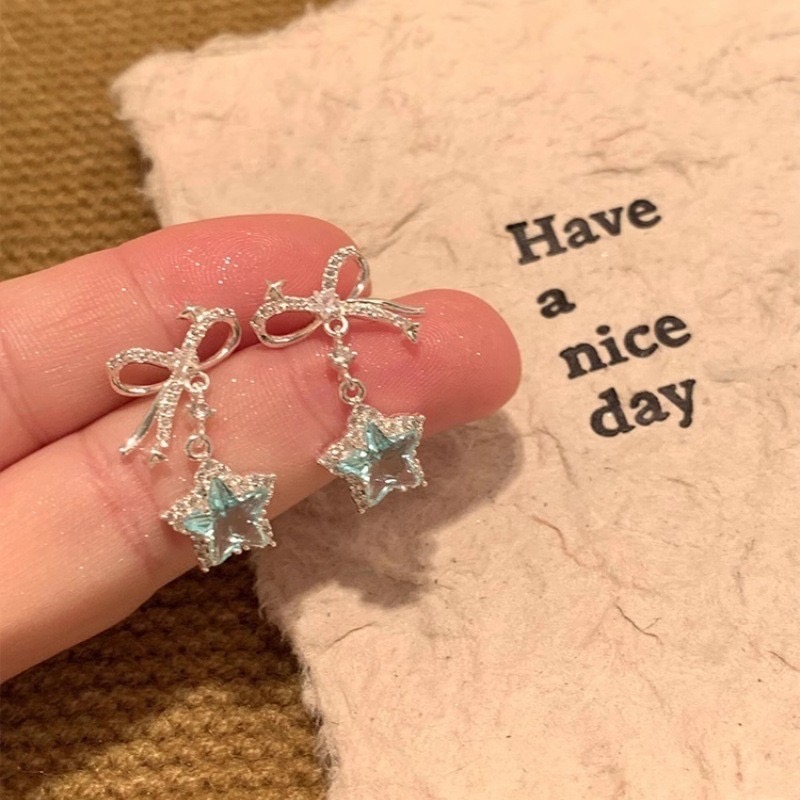 26度晚风满钻蓝色星星蝴蝶结耳钉